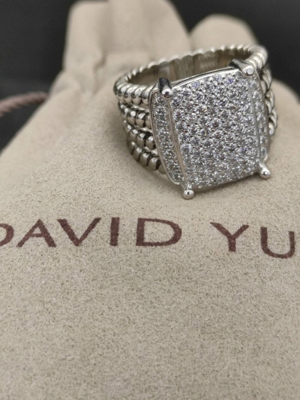 David Yurman Silver Pave Square Cocktail Ring - White